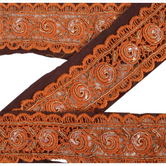 Sanskriti Vintage Saree Border Hand Beaded 1 Yard Trims Dã©Cor Ribbon Brown Lace
