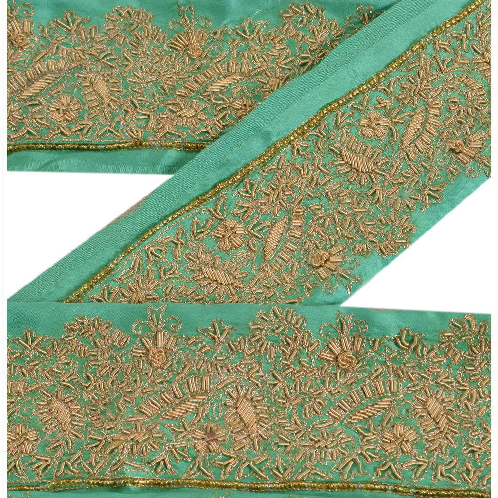 SANSKRITI VINTAGE Border Antique Hand Beaded 1 YD Indian Trim Sewing Green Lace