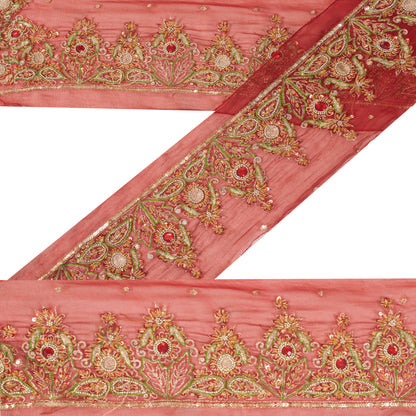 Sanskriti Vintage Craft Trims Lace Saree 1YD Border Red Sewing Hand Beaded Zari