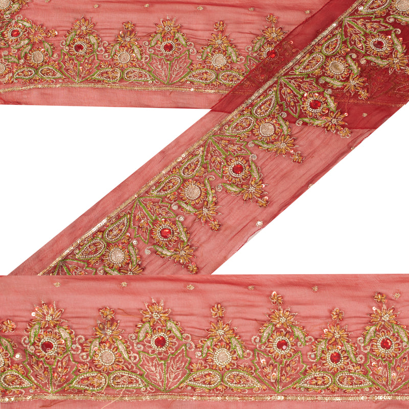 Sanskriti Vintage Craft Trims Lace Saree 1YD Border Red Sewing Hand Beaded Zari
