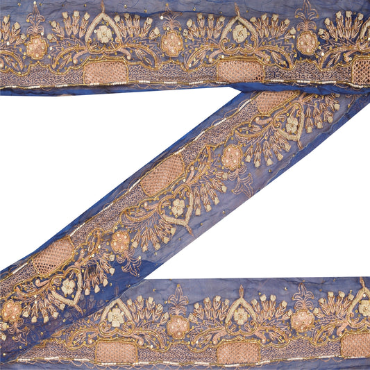 SANSKRITI VINTAGE SARI BORDER HANDBEADED CRAFT 1YD TRIMS CUT WORK LACE BLUE