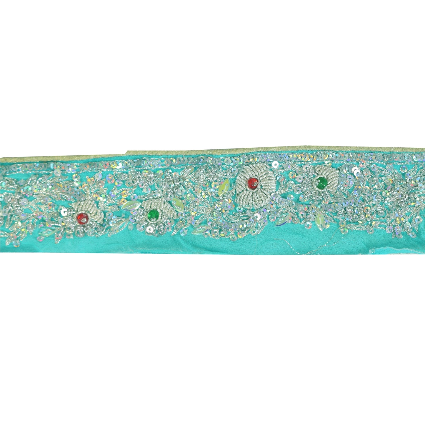 SANSKRITI VINTAGE SARI BORDER HAND BEADED CRAFT 1 YD TRIMS 1.5'W RIBBON SKY BLUE