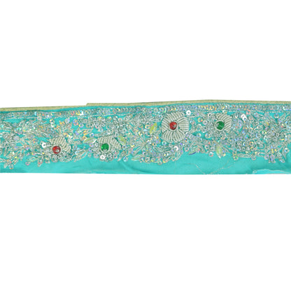 SANSKRITI VINTAGE SARI BORDER HAND BEADED CRAFT 1 YD TRIMS 1.5'W RIBBON SKY BLUE