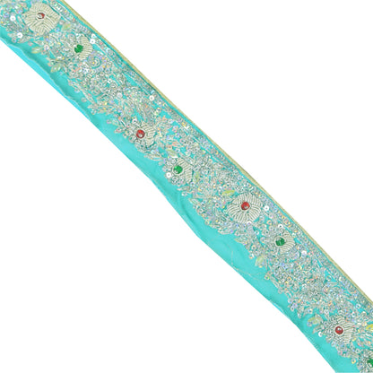 SANSKRITI VINTAGE SARI BORDER HAND BEADED CRAFT 1 YD TRIMS 1.5'W RIBBON SKY BLUE