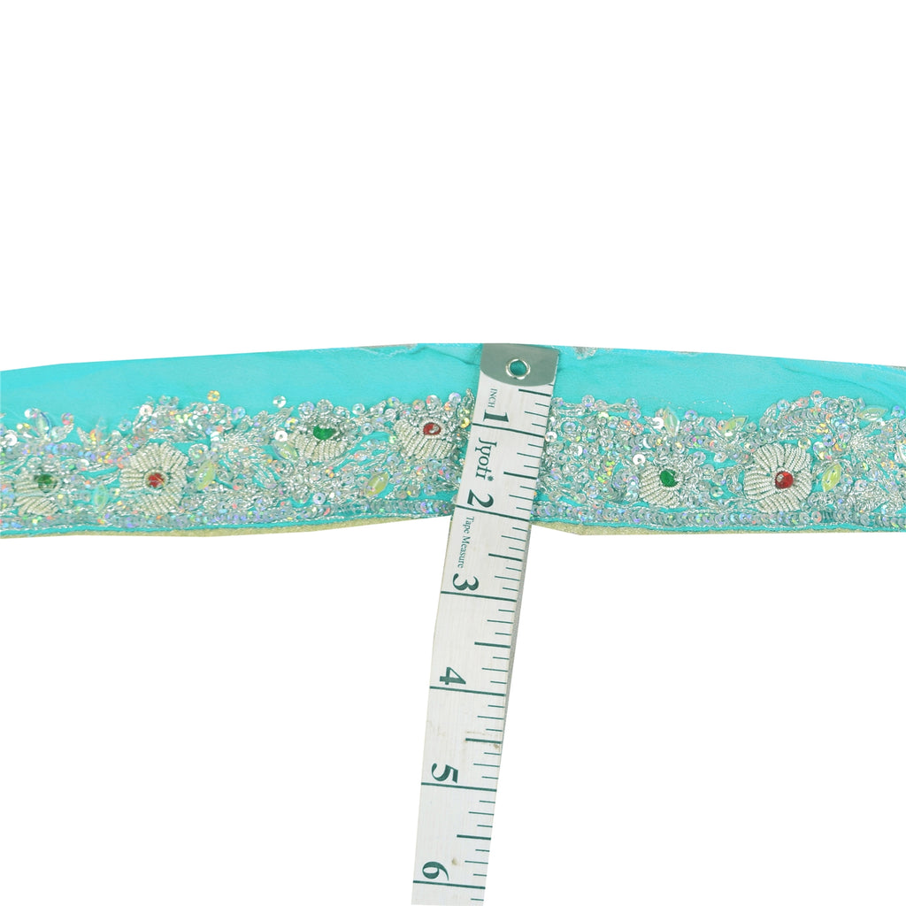 SANSKRITI VINTAGE SARI BORDER HAND BEADED CRAFT 1 YD TRIMS 1.5'W RIBBON SKY BLUE