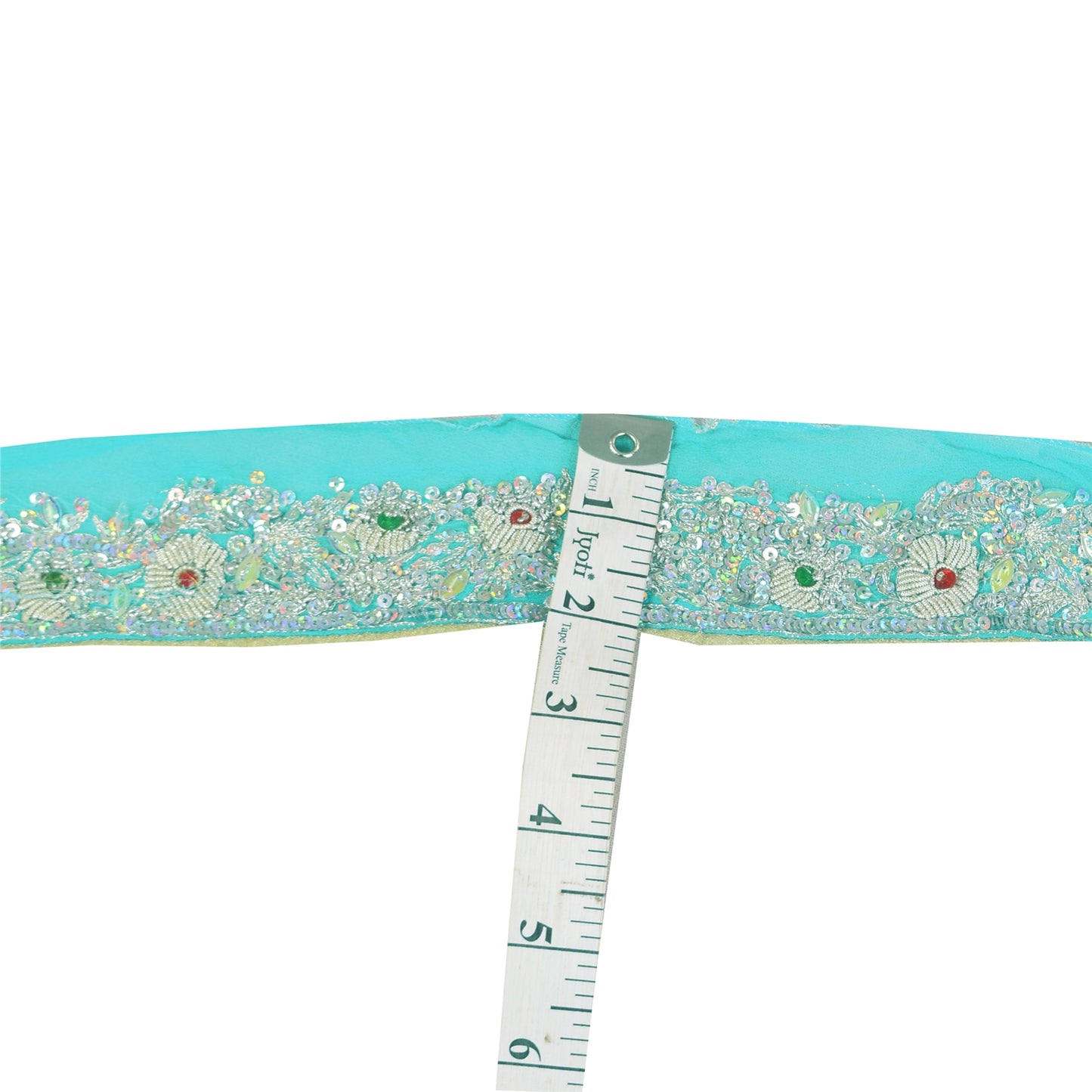 SANSKRITI VINTAGE SARI BORDER HAND BEADED CRAFT 1 YD TRIMS 1.5'W RIBBON SKY BLUE