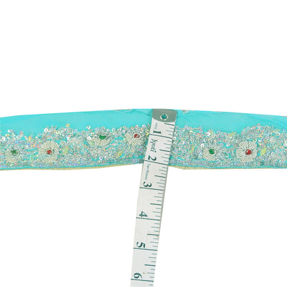 SANSKRITI VINTAGE SARI BORDER HAND BEADED CRAFT 1 YD TRIMS 1.5'W RIBBON SKY BLUE