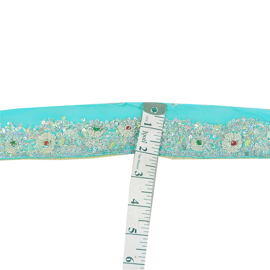 SANSKRITI VINTAGE SARI BORDER HAND BEADED CRAFT 1 YD TRIMS 1.5'W RIBBON SKY BLUE