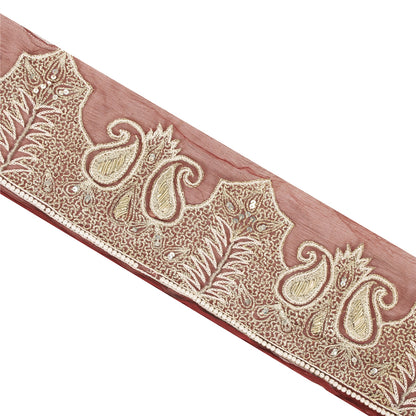 Sanskriti Vintage Sari Border Hand Beaded 1 YD Trim Zardozi Zari Maroon Lace 4"W