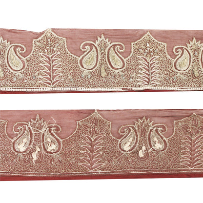Sanskriti Vintage Sari Border Hand Beaded 1 YD Trim Zardozi Zari Maroon Lace 4"W