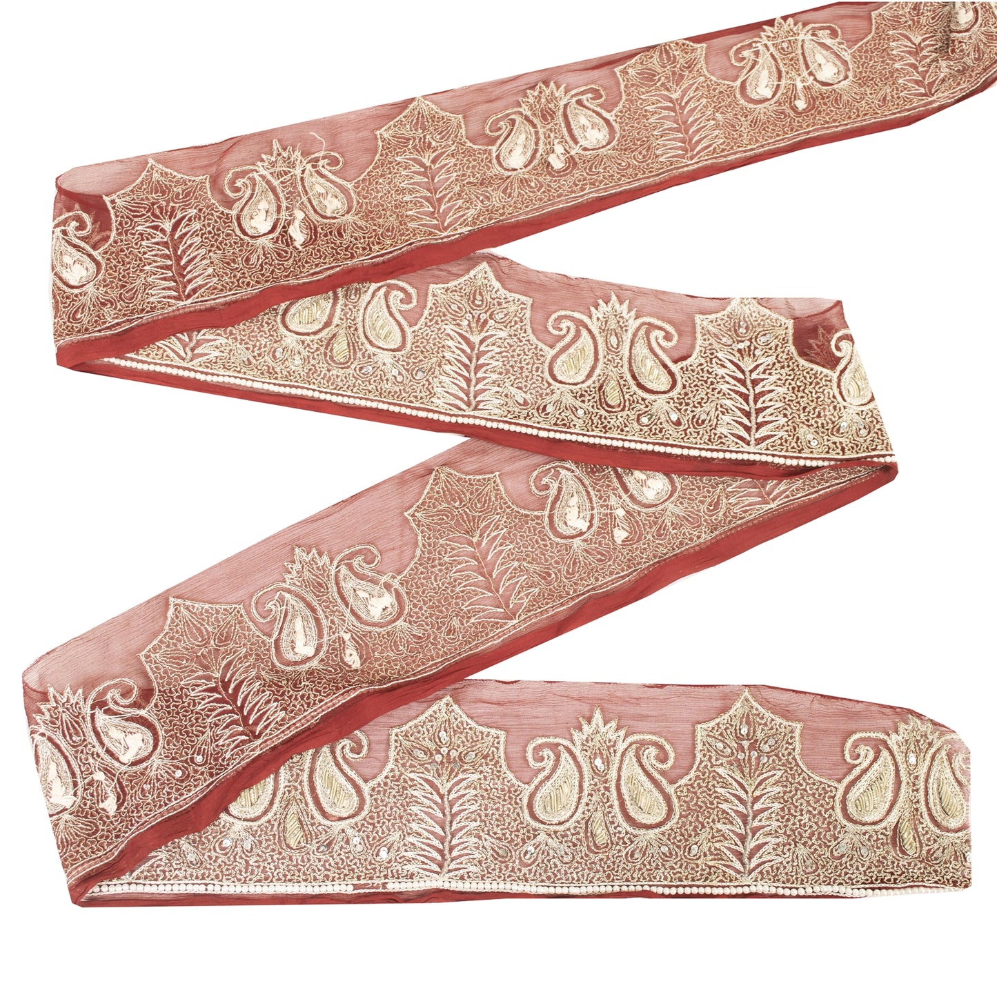 Sanskriti Vintage Sari Border Hand Beaded 1 YD Trim Zardozi Zari Maroon Lace 4"W