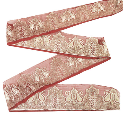 Sanskriti Vintage Sari Border Hand Beaded 1 YD Trim Zardozi Zari Maroon Lace 4"W