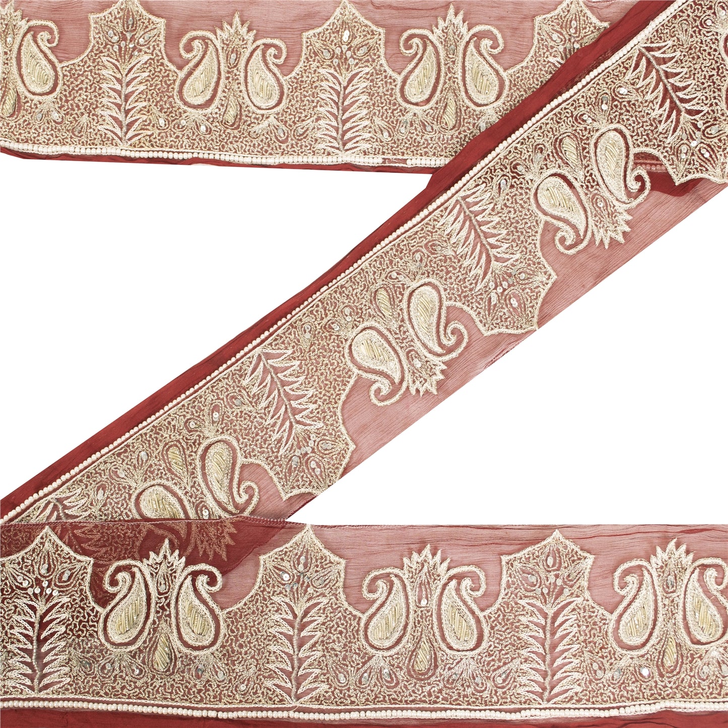 Sanskriti Vintage Sari Border Hand Beaded 1 YD Trim Zardozi Zari Maroon Lace 4"W