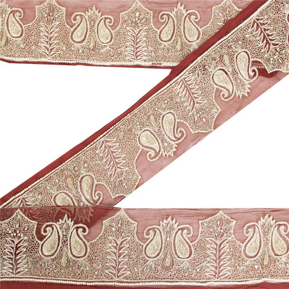 Sanskriti Vintage Sari Border Hand Beaded 1 YD Trim Zardozi Zari Maroon Lace 4"W
