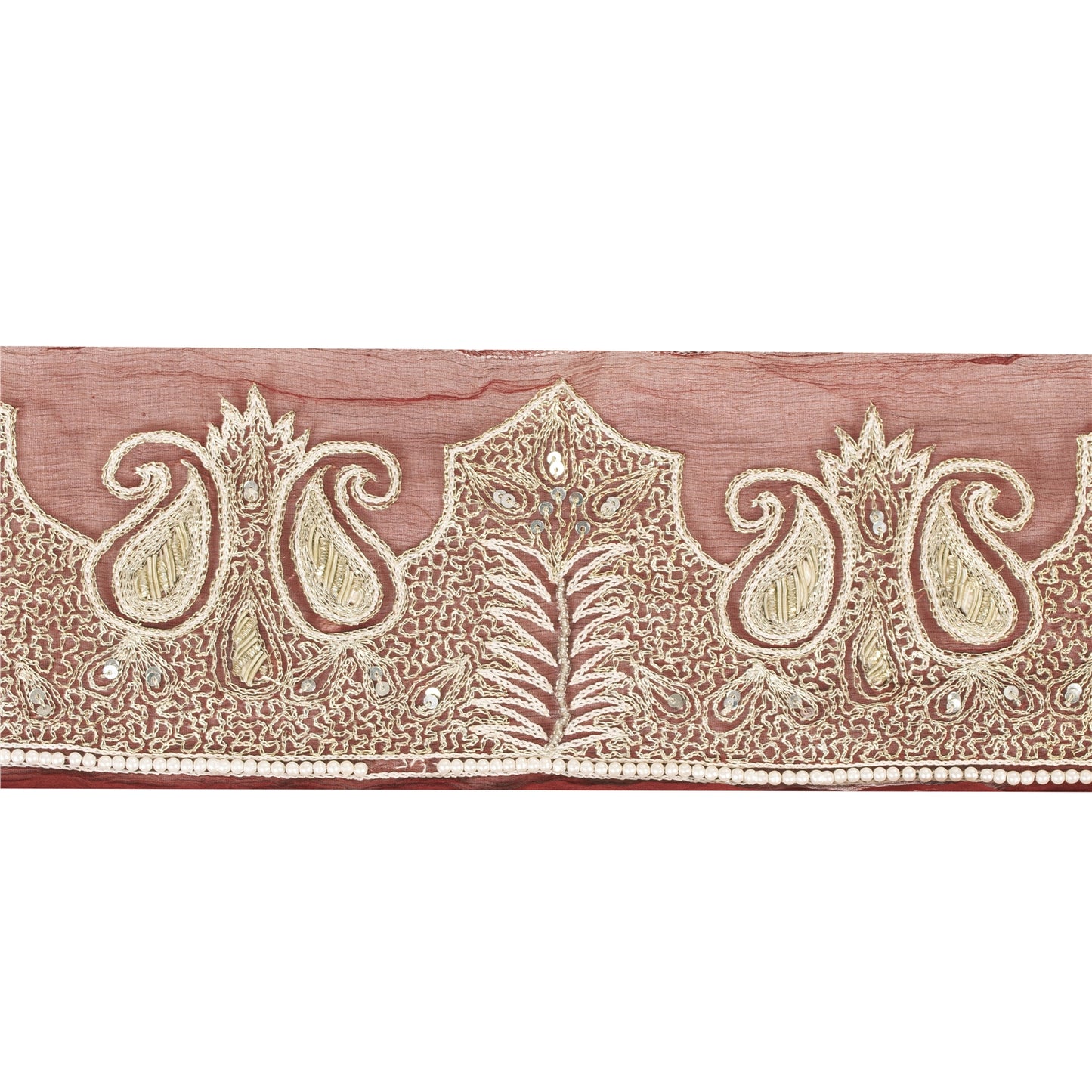 Sanskriti Vintage Sari Border Hand Beaded 1 YD Trim Zardozi Zari Maroon Lace 4"W