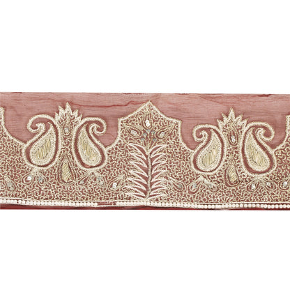 Sanskriti Vintage Sari Border Hand Beaded 1 YD Trim Zardozi Zari Maroon Lace 4"W