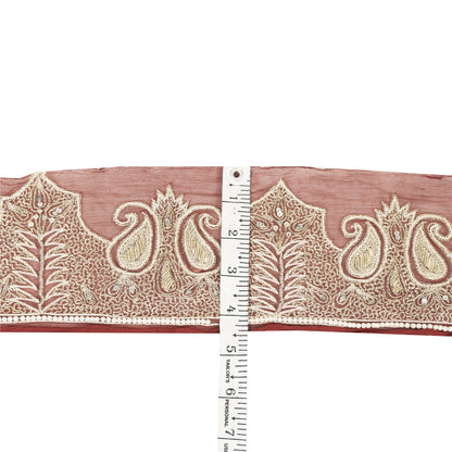 Sanskriti Vintage Sari Border Hand Beaded 1 YD Trim Zardozi Zari Maroon Lace 4"W