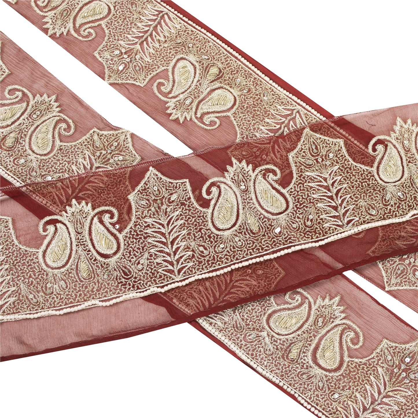 Sanskriti Vintage Sari Border Hand Beaded 1 YD Trim Zardozi Zari Maroon Lace 4"W