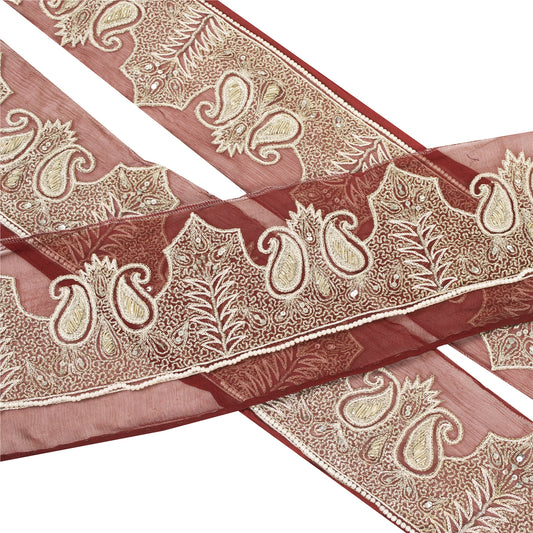 Sanskriti Vintage Sari Border Hand Beaded 1 YD Trim Zardozi Zari Maroon Lace 4"W