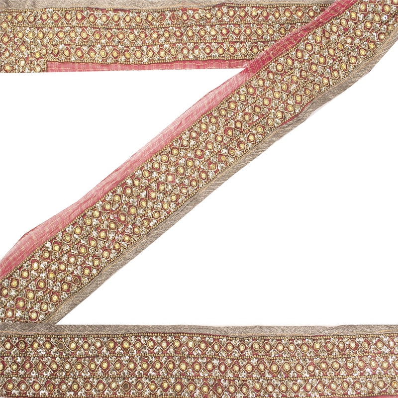 SANSKRITI VINTAGE SARI BORDER HAND BEADED 1 yd TRIMS LACE SEQUINS 2'W DECOR PINK