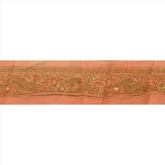 Sanskriti Vintage Sari Border Hand Embroidered 1 Yd Trim Sewing Peach Craft Lace