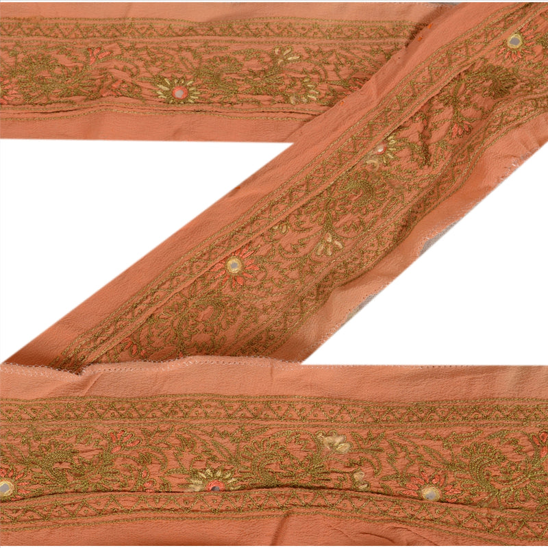 Sanskriti Vintage Sari Border Hand Embroidered 1 Yd Trim Sewing Peach Craft Lace upholstery fabric