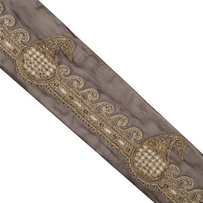 Sanskriti Vintage Sari Border Hand Bead Zari Zardozi 1 YD Craft Trim Brown Lace