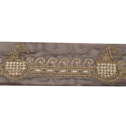 Sanskriti Vintage Sari Border Hand Bead Zari Zardozi 1 YD Craft Trim Brown Lace