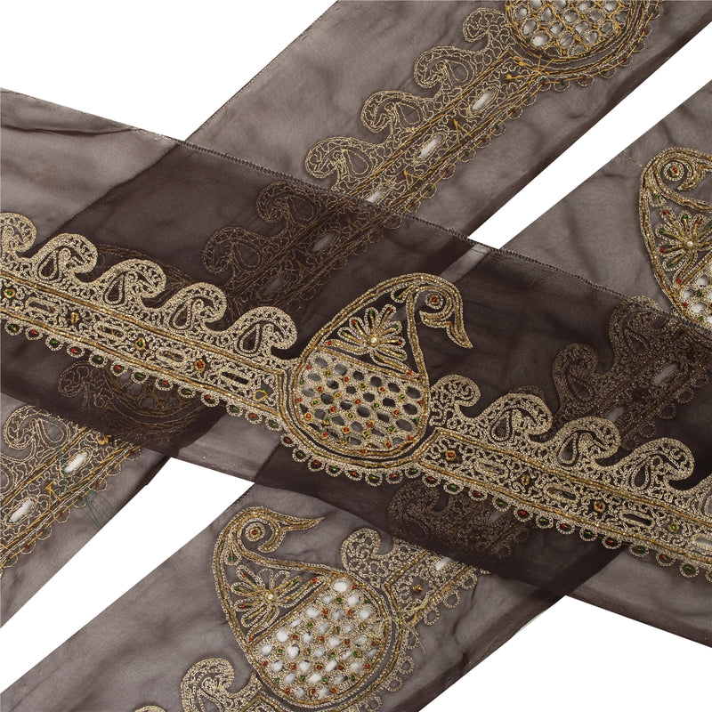 Sanskriti Vintage Saree/Sari Border Dark Coffee-Brown American georgette Hand Beaded Zari Zardozi 1 Yd Craft Trim 5.5W Lace