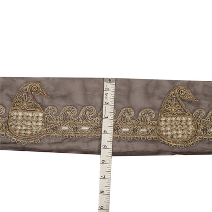 Sanskriti Vintage Sari Border Hand Bead Zari Zardozi 1 YD Craft Trim Brown Lace