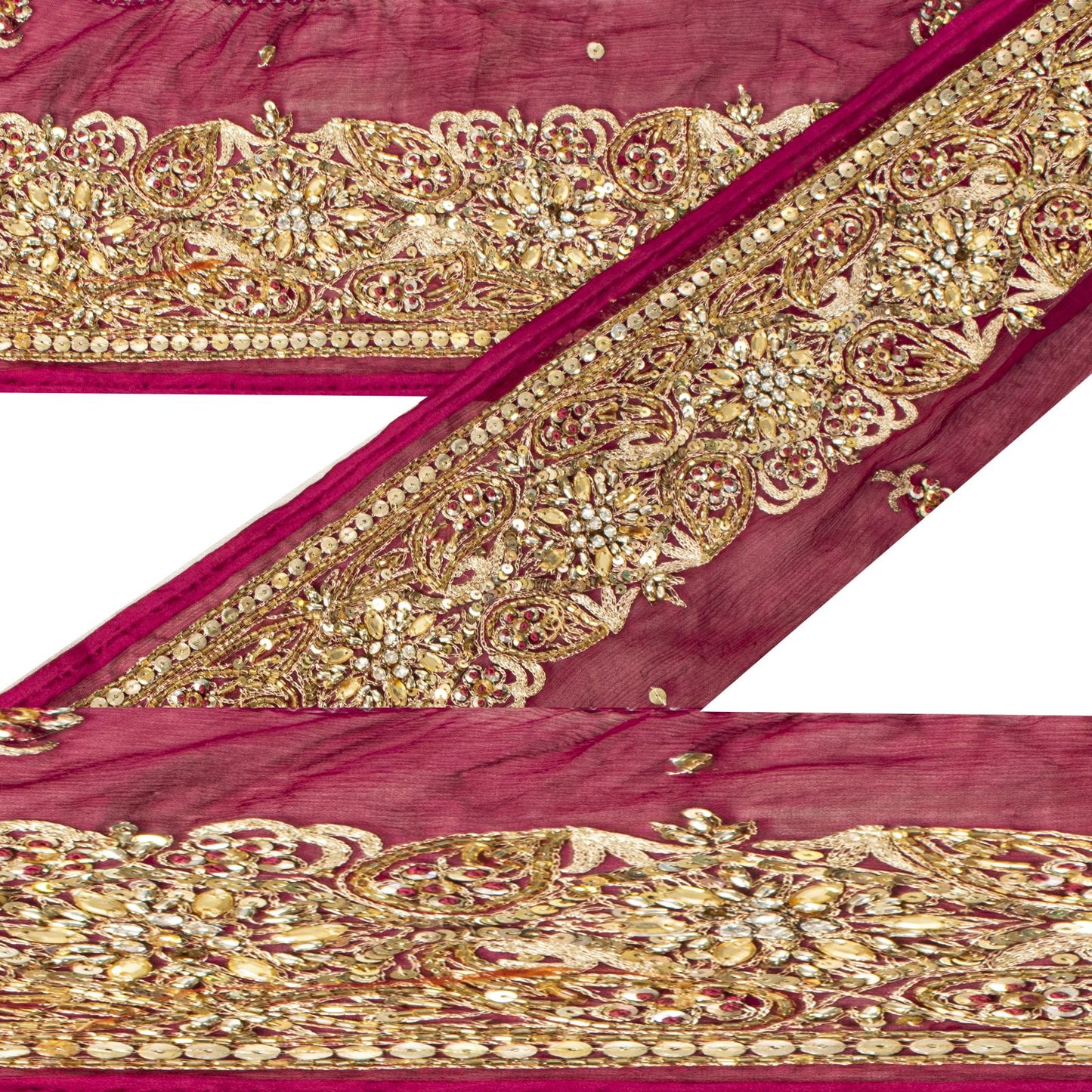 Sanskriti Vintage 1 YD 6"W Sari Border Pink Pure Chiffon Hand Embroidered Lace