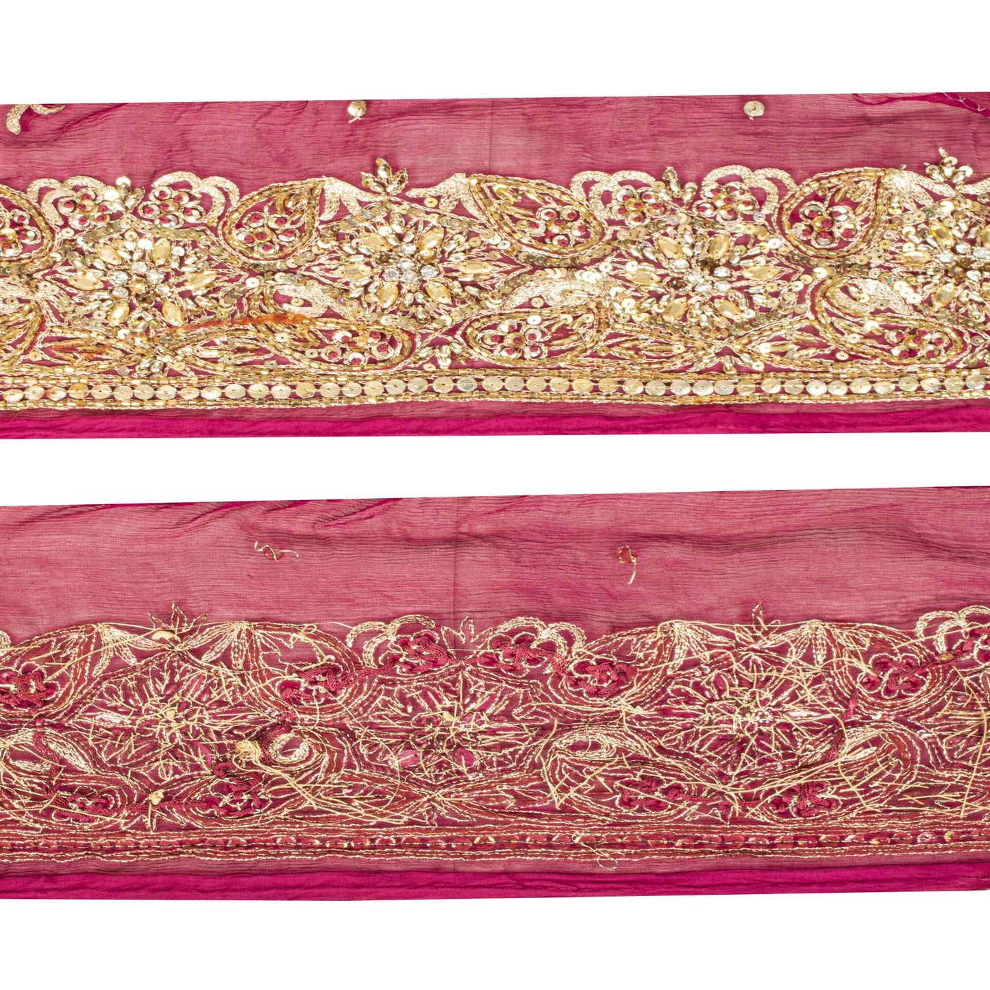 Sanskriti Vintage 1 YD 6"W Sari Border Pink Pure Chiffon Hand Embroidered Lace