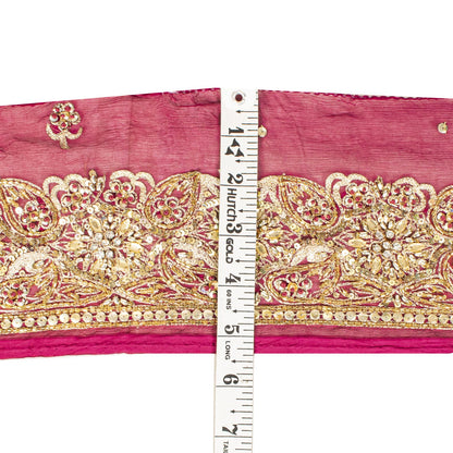Sanskriti Vintage 1 YD 6"W Sari Border Pink Pure Chiffon Hand Embroidered Lace