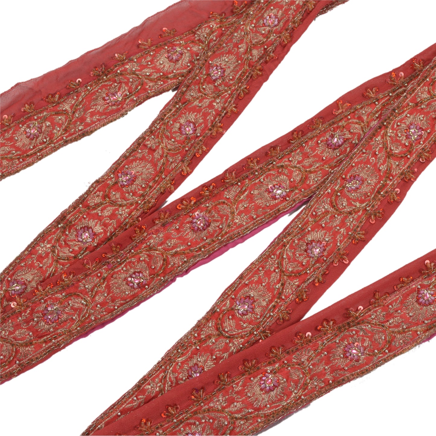 Sanskriti Vintage Sari Border Hand Beaded Brocade Zari Craft 1 Yd Red Trims Lace