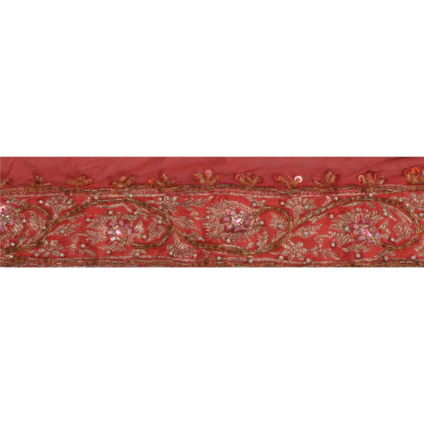 Sanskriti Vintage Sari Border Hand Beaded Brocade Zari Craft 1 Yd Red Trims Lace
