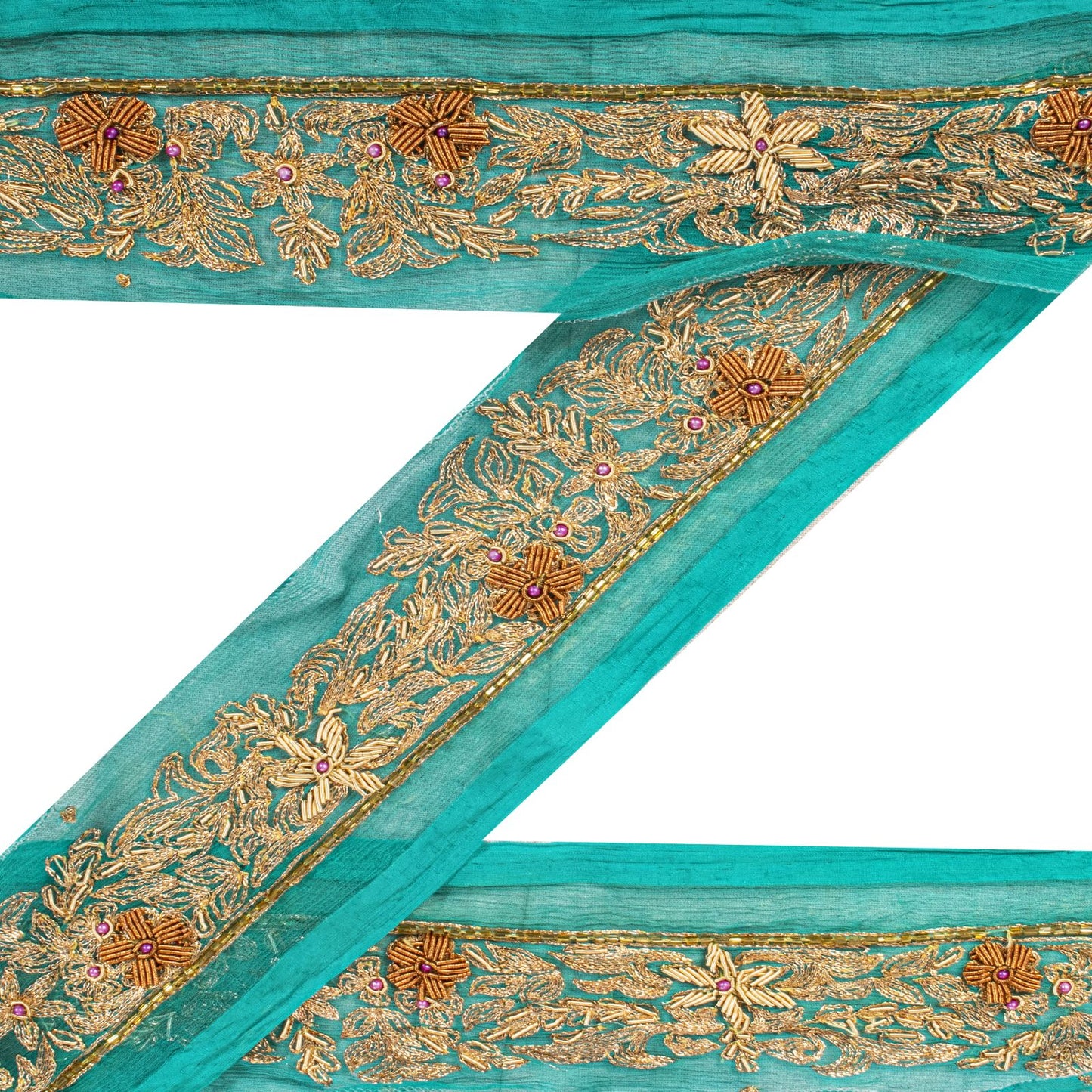 Sanskriti Vintage 1 YD 2.7"W Sari Border Green Chiffon Hand Embroidery Craft Lace