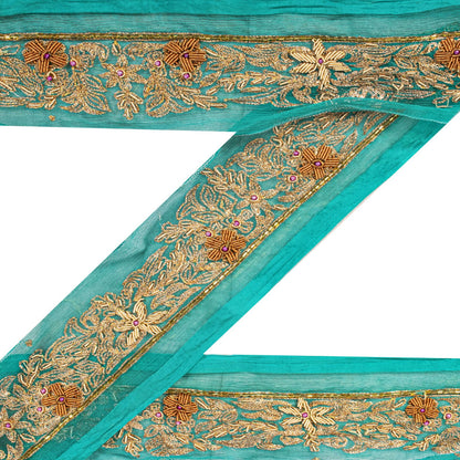 Sanskriti Vintage 1 YD 2.7"W Sari Border Green Chiffon Hand Embroidery Craft Lace