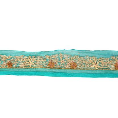 Sanskriti Vintage 1 YD 2.7"W Sari Border Green Chiffon Hand Embroidery Craft Lace