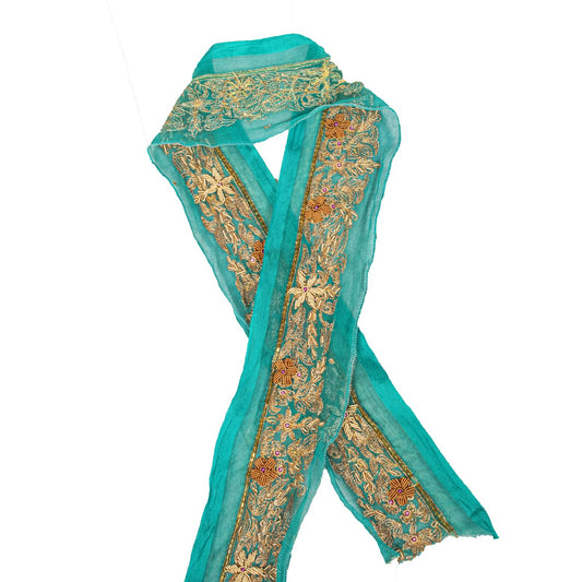 Sanskriti Vintage 1 YD 2.7"W Sari Border Green Chiffon Hand Embroidery Craft Lace