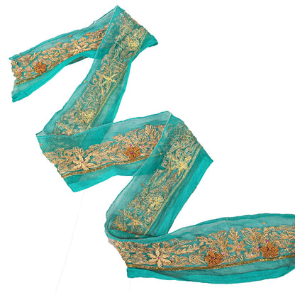 Sanskriti Vintage 1 YD 2.7"W Sari Border Green Chiffon Hand Embroidery Craft Lace