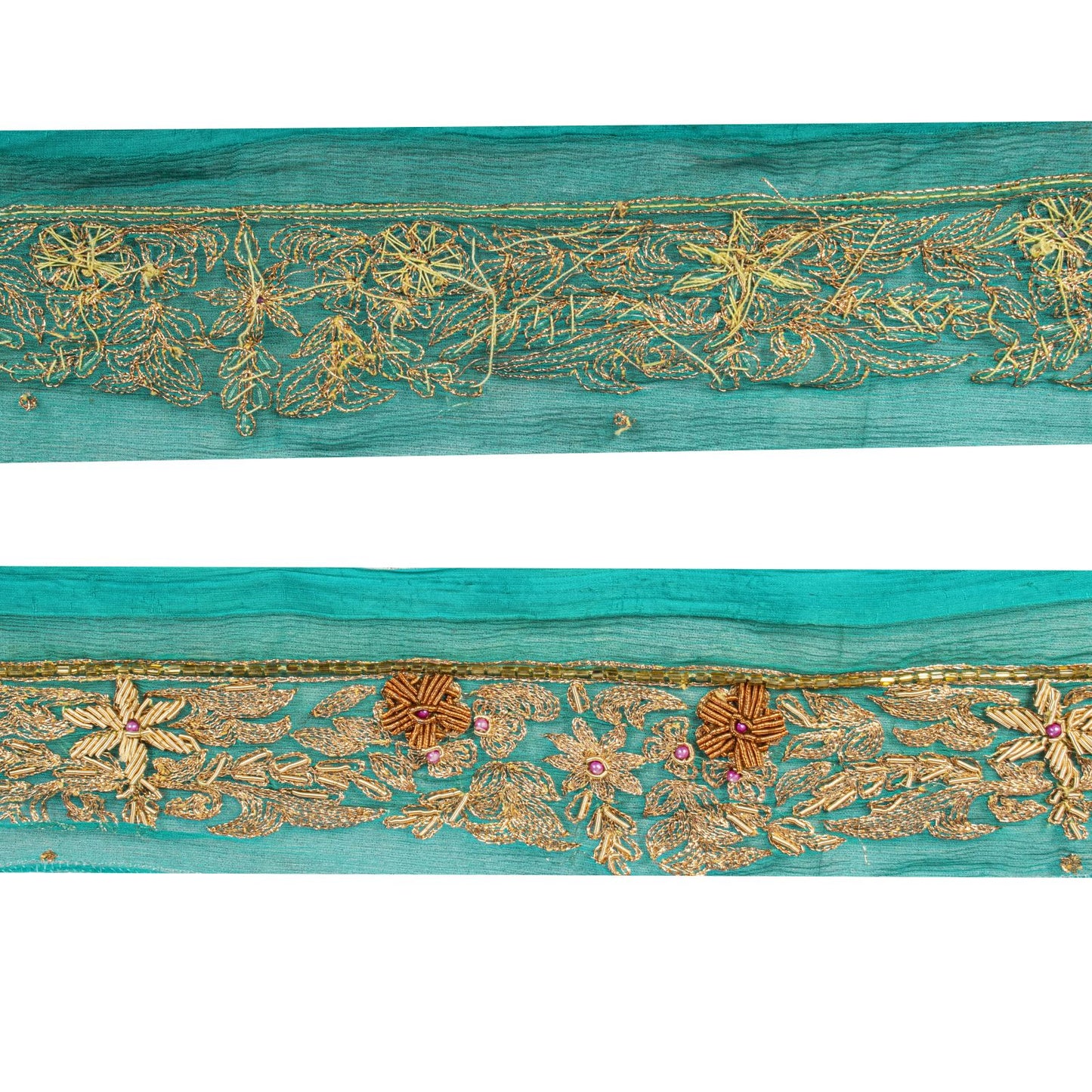 Sanskriti Vintage 1 YD 2.7"W Sari Border Green Chiffon Hand Embroidery Craft Lace