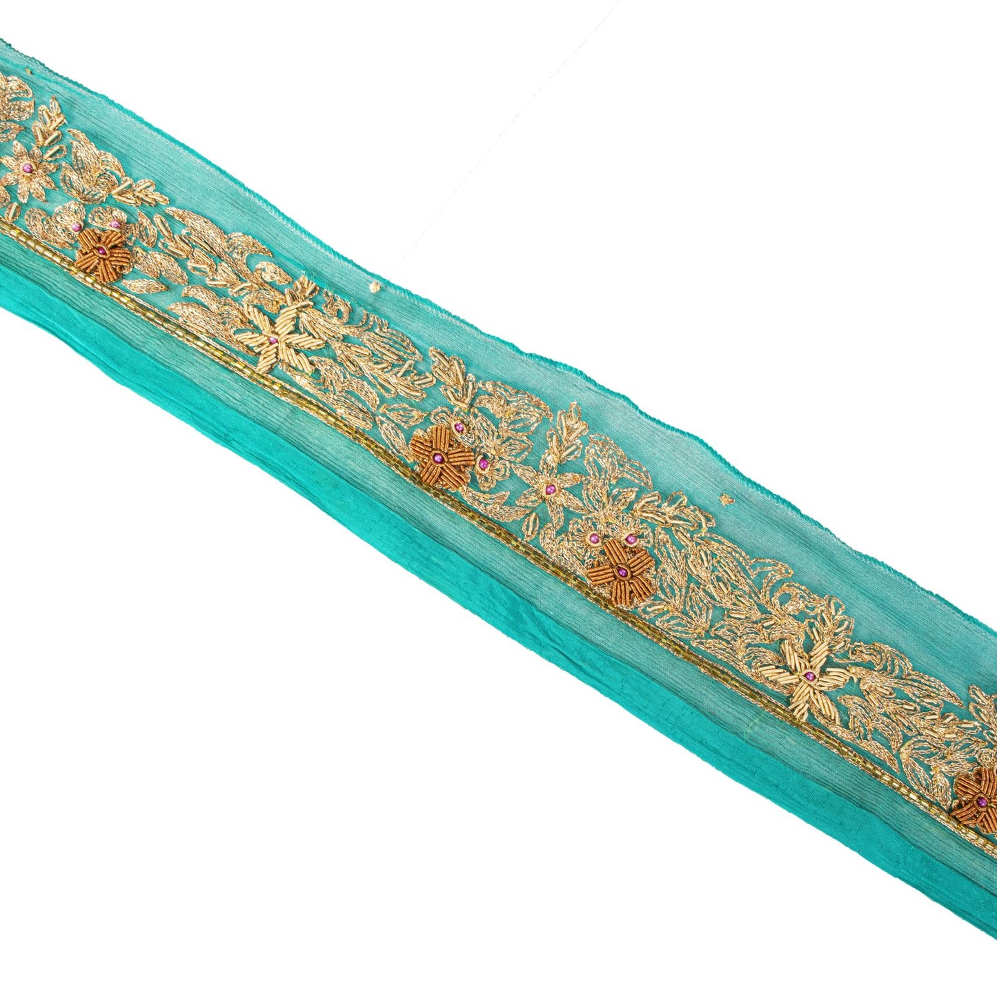 Sanskriti Vintage 1 YD 2.7"W Sari Border Green Chiffon Hand Embroidery Craft Lace