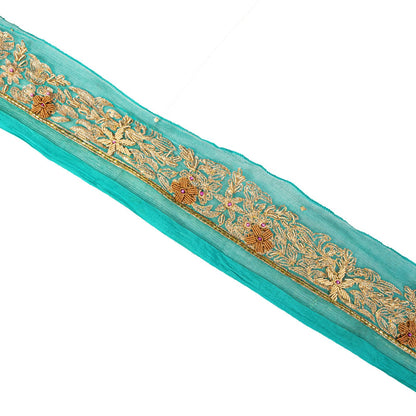Sanskriti Vintage 1 YD 2.7"W Sari Border Green Chiffon Hand Embroidery Craft Lace