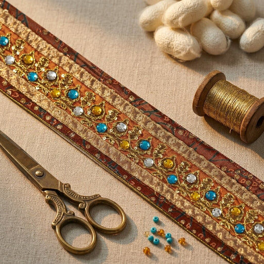 Sanskriti Vintage 1YD 2.5"W Sari Border Orange Pure Georgette Handmade Trim Lace