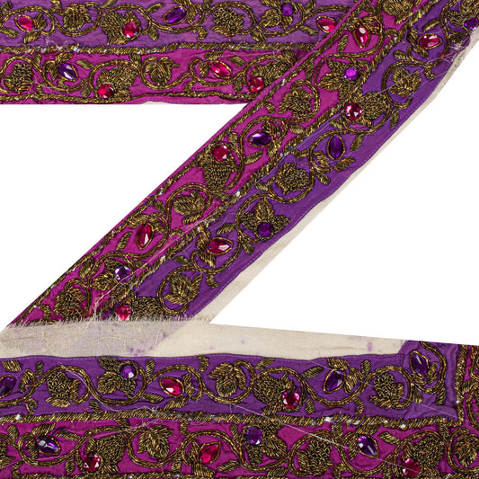 Sanskriti Vintage 1 Yard 4"W Sari Border Purple Hand Embroidered DabkaCraft Lace