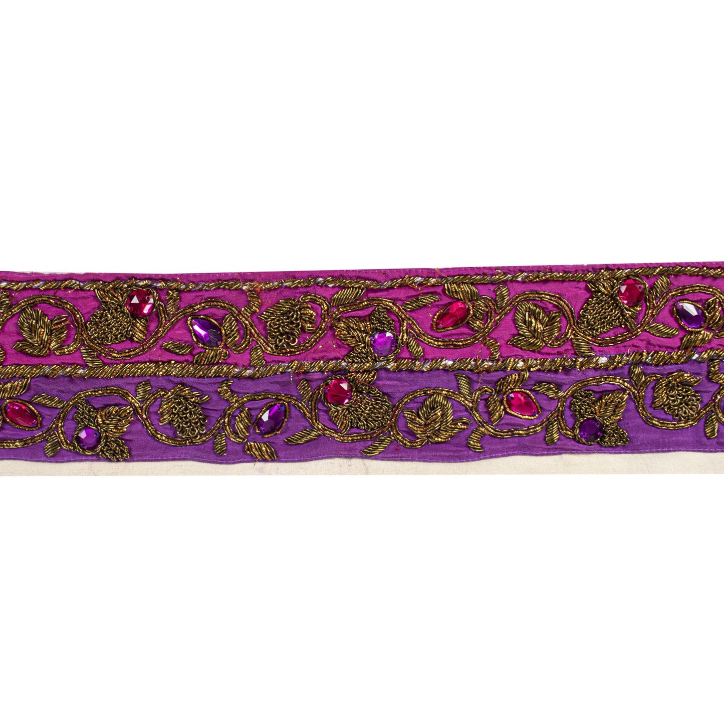 Sanskriti Vintage 1 Yard 4"W Sari Border Purple Hand Embroidered DabkaCraft Lace