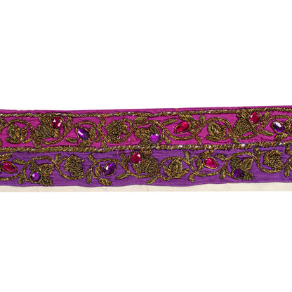 Sanskriti Vintage 1 Yard 4"W Sari Border Purple Hand Embroidered DabkaCraft Lace
