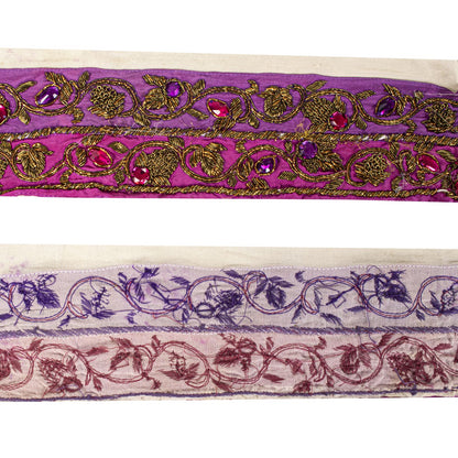 Sanskriti Vintage 1 Yard 4"W Sari Border Purple Hand Embroidered DabkaCraft Lace