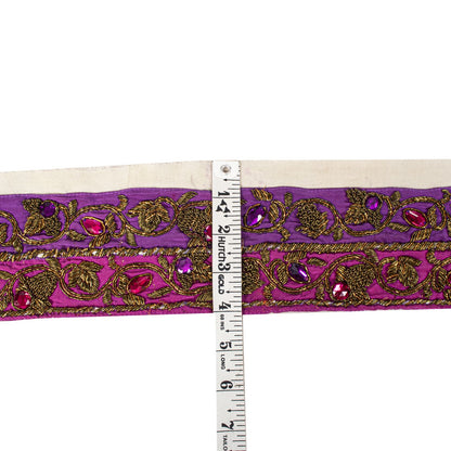Sanskriti Vintage 1 Yard 4"W Sari Border Purple Hand Embroidered DabkaCraft Lace