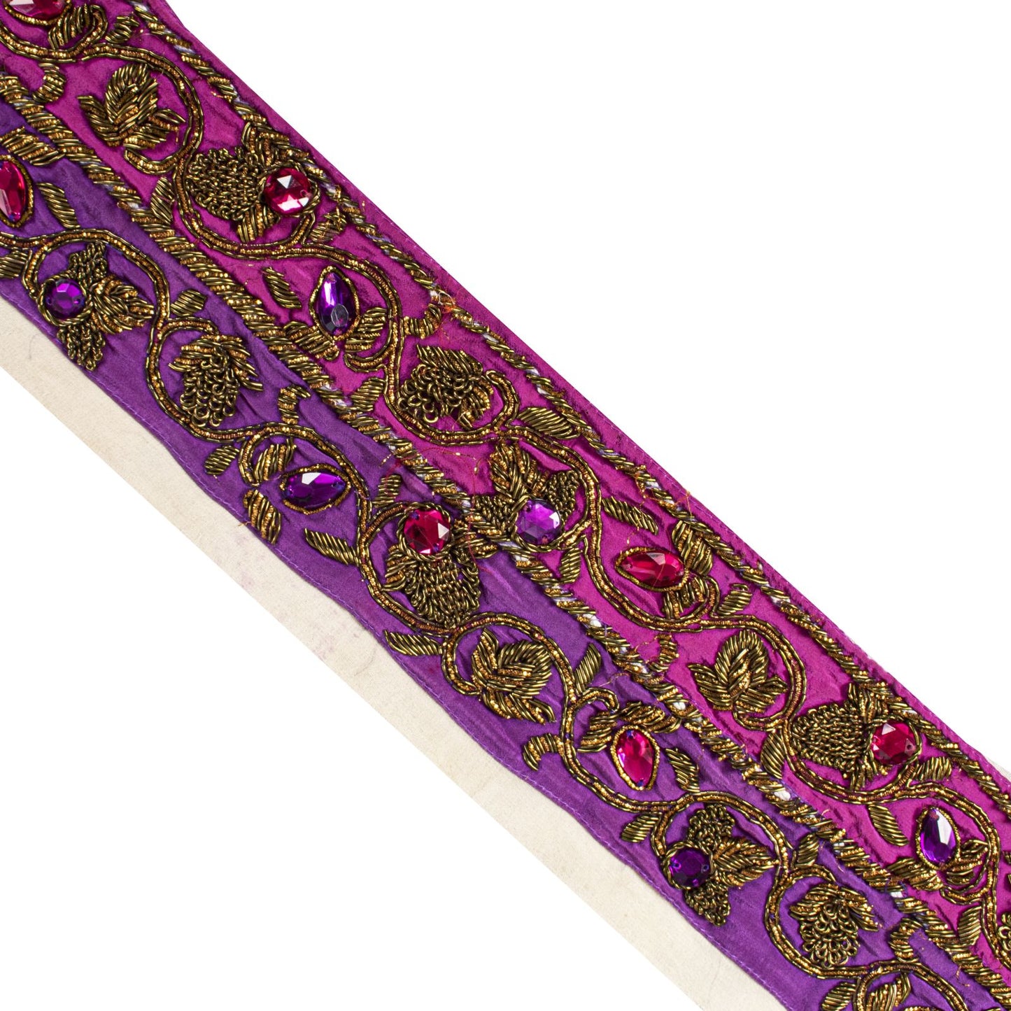 Sanskriti Vintage 1 Yard 4"W Sari Border Purple Hand Embroidered DabkaCraft Lace
